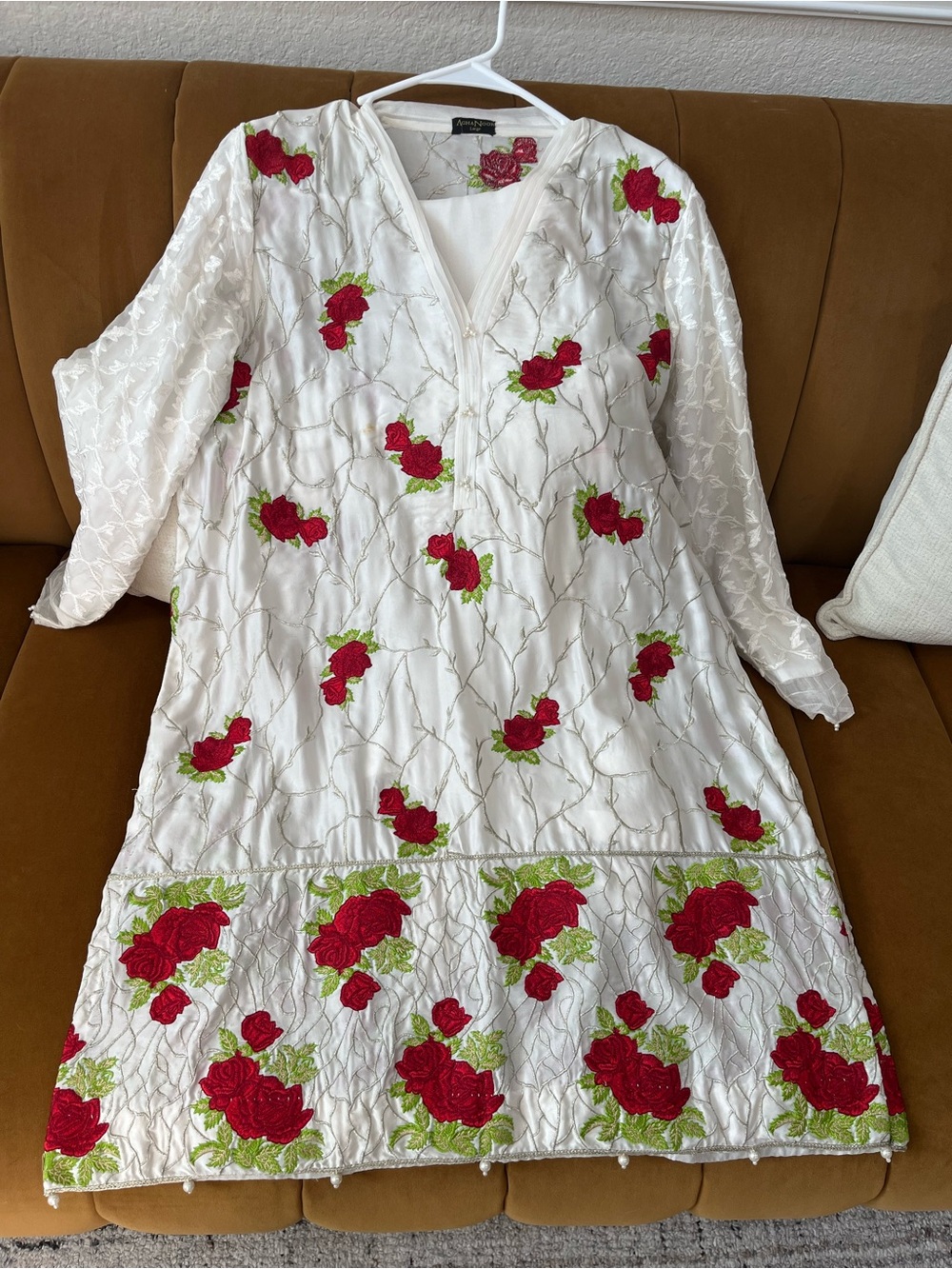White Embroidered Floral Midi Dress with Red Roses